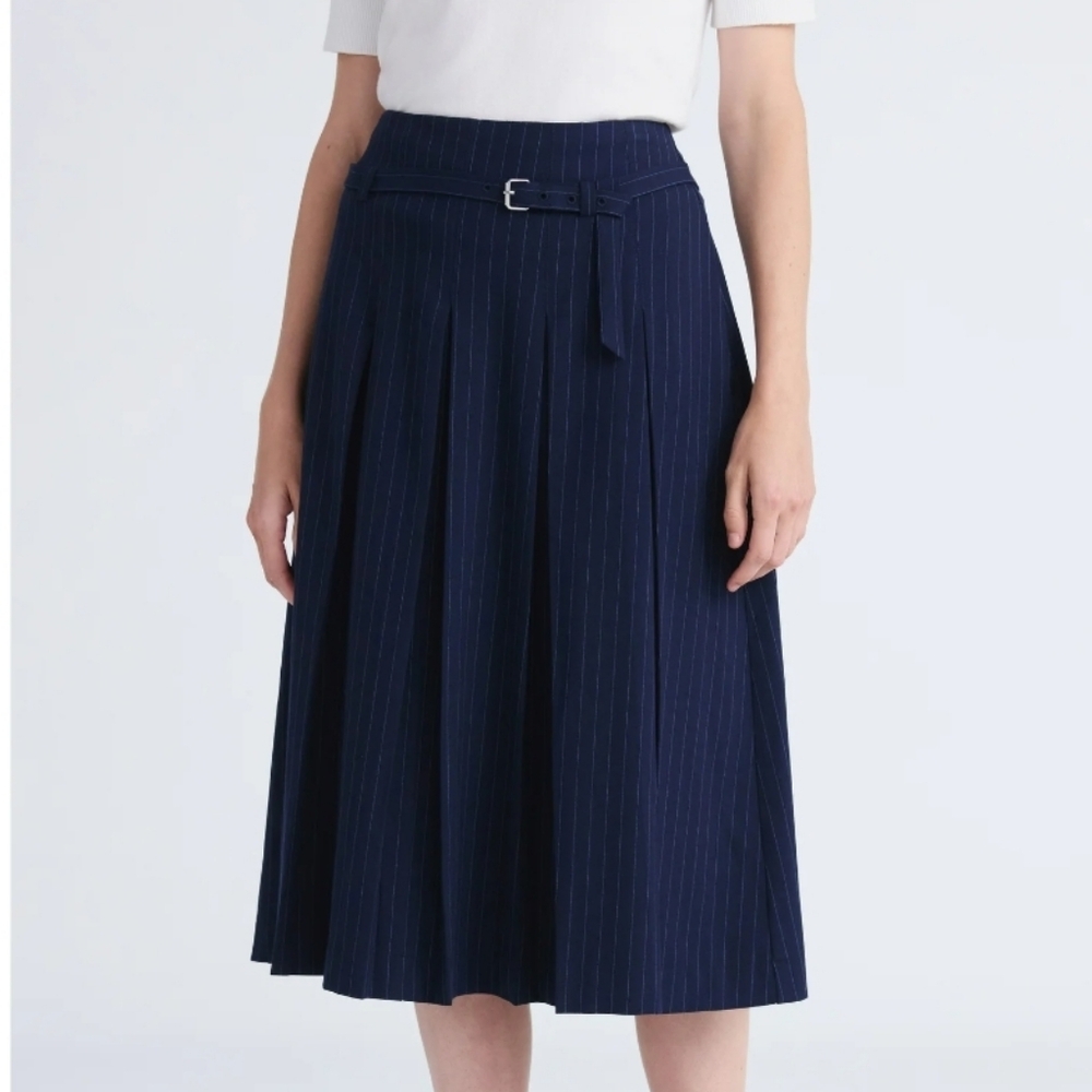 Free Assembly Women's Belted Pleated Pinstripe Midi Skirt,